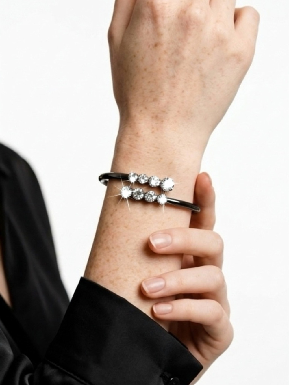 Gunmetal and Glass Crystal Hinged Adjustable Cuff Bracelet Bangle - Picture 2 of 5